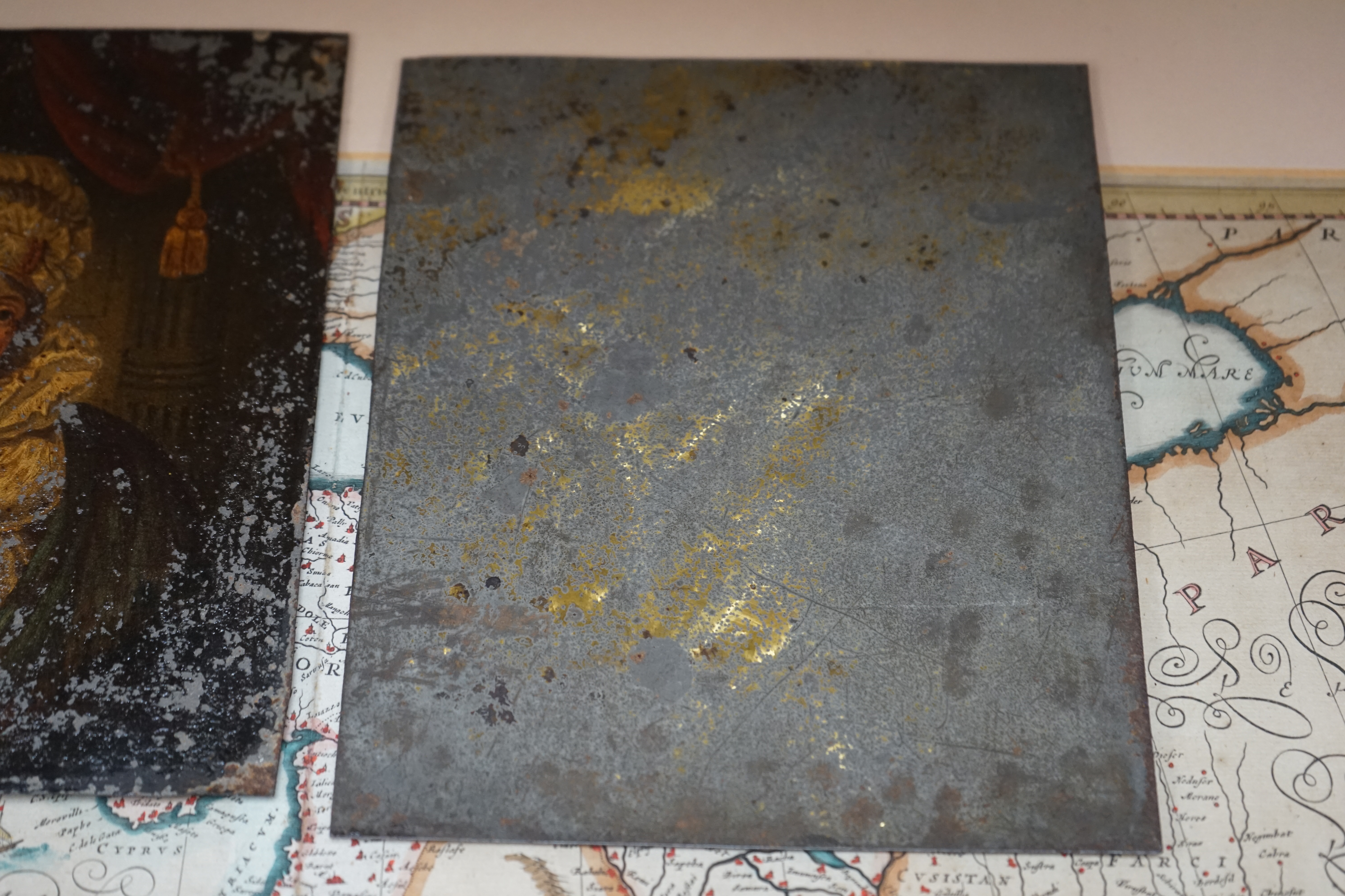 Early 19th century School, pair of oils on tin, Portraits of King George IV and Caroline of Brunswick, 20 x 16cm, unframed. Condition - poor, flaking and paint loss all over